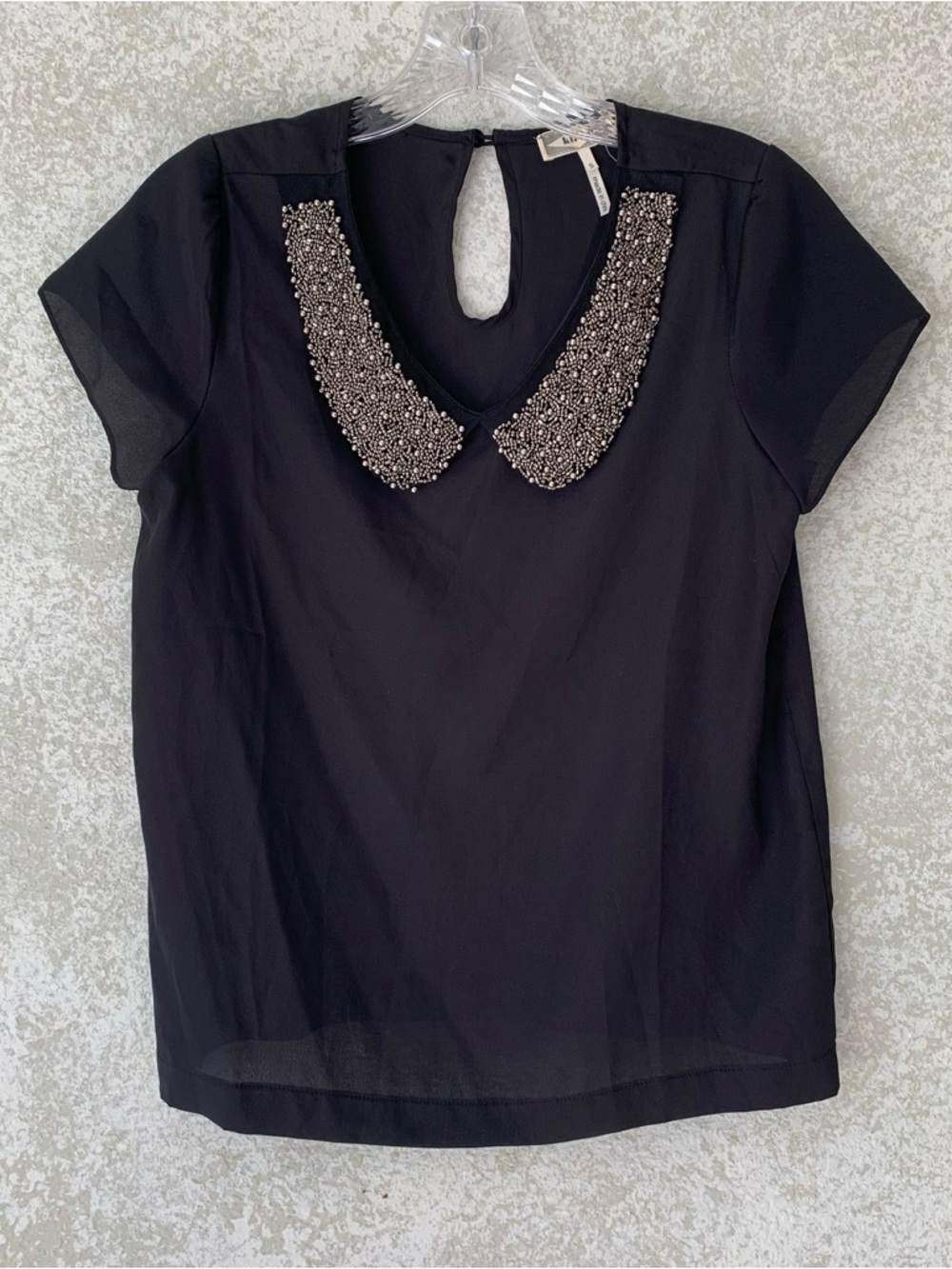 Kirra Black Short-Sleeve Blouse with Beaded Collar